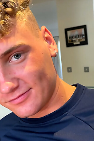 Young Slim & Blond Lad gets his Uncut Cock Wanked & he Shoots Cum all over his Abs!