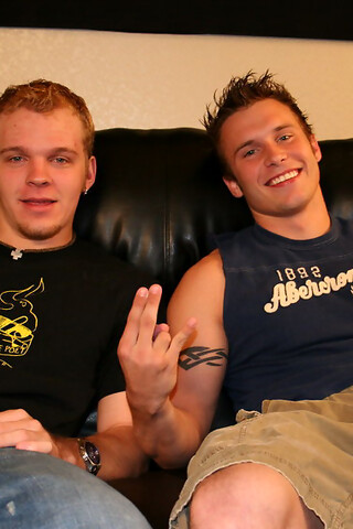 Amateur gays with huge pricks Denny and Jake jack off on a couch
