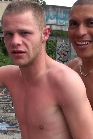 Sexy gay dudes Martin Claus and Rod Malek bang doggystyle outdoors